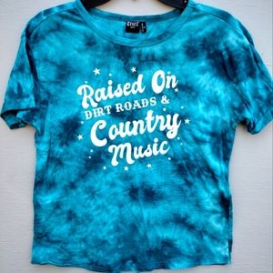Cruel Denim Womens Teal Tie Dye Tee Shirt Raised On Dirt Roads & Country Music S